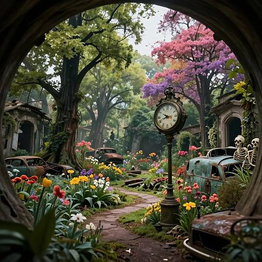 Photograph of a vintage, overgrown garden seen through a circular window frame, featuring colorful flowers, old cars, a clock, and lush trees.