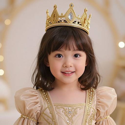 Photograph of a young Asian girl with dark brown hair, wearing a gold crown, beige dress with gold embroidery, and smiling. Blurred gold and