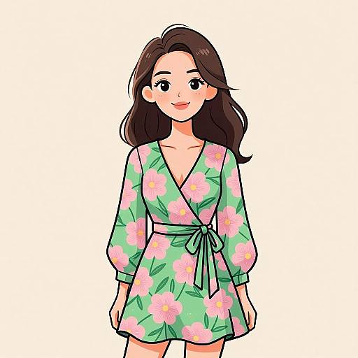 Smiling Woman in Floral Wrap Dress