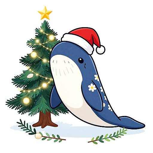 Cute cartoon blue and white dolphin wearing Santa hat, nuzzling decorated Christmas tree with yellow lights and star, white background.