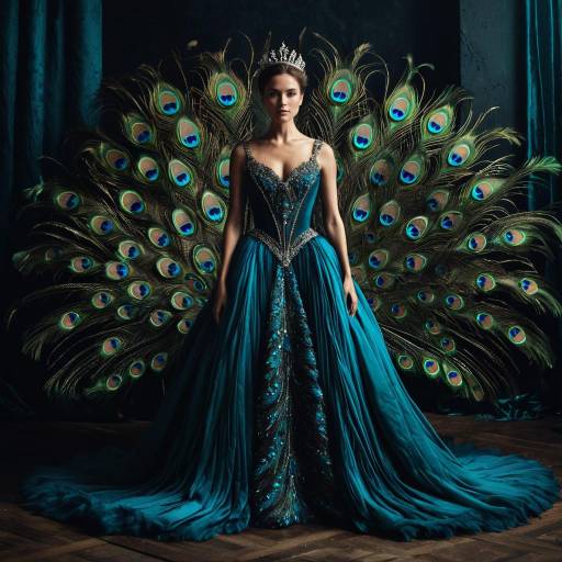 Regal Queen in Peacock Feather Gown