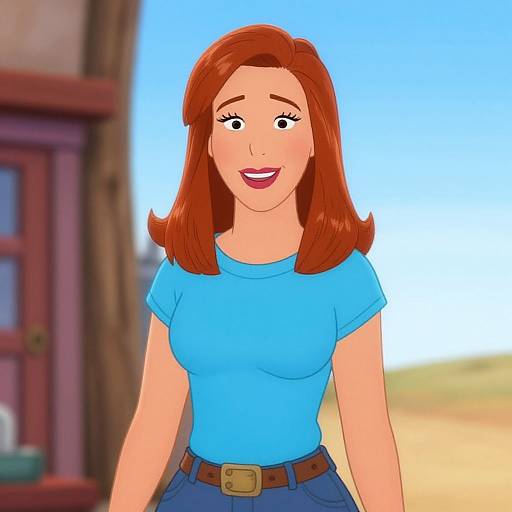 Digital cartoon of a smiling woman with red hair, blue shirt, brown belt, and blue jeans, standing outdoors near a wooden building.