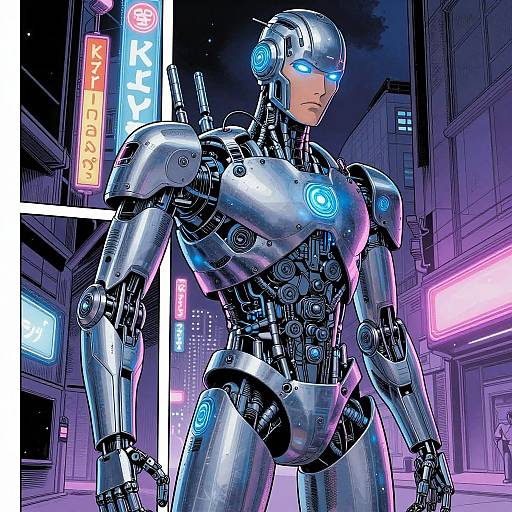 Human Robot in Neon Cyberpunk Street