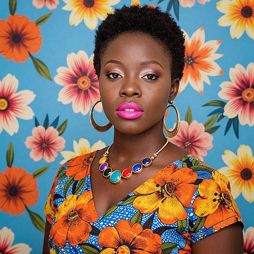 Photograph of a dark-skinned woman with short, curly black hair, wearing a vibrant orange floral dress, colorful necklace, and large hoop earrings,