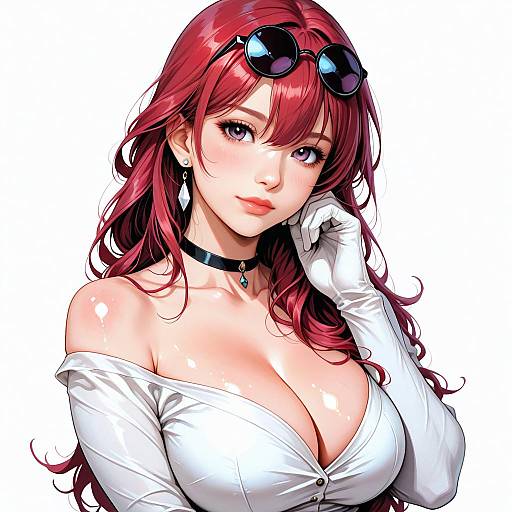 Digital anime-style drawing of a red-haired woman with large breasts, wearing sunglasses on her head, white off-shoulder top, gloves, choker
