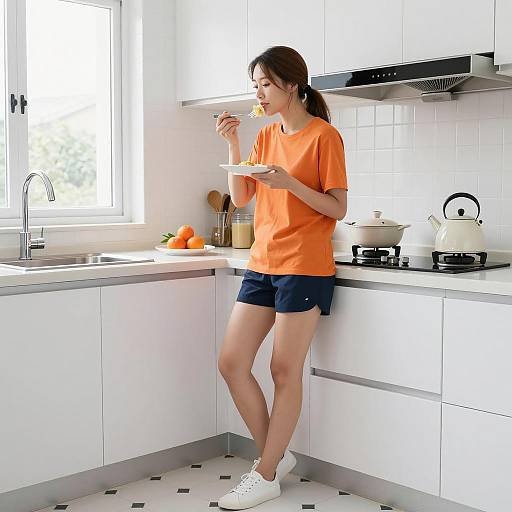 Asian Woman Enjoying Meal in Kitchen