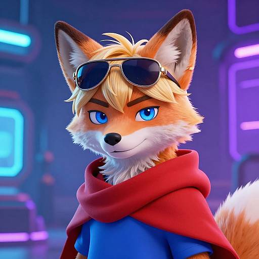 CGI anthropomorphic fox with blue eyes, blonde fur, black sunglasses, red scarf, and blue shirt, in a futuristic blue-lit background.