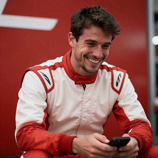 Smiling Racer in Red and White Lights