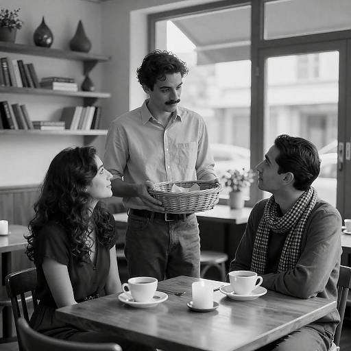 Rustic Café Interaction in Black and White