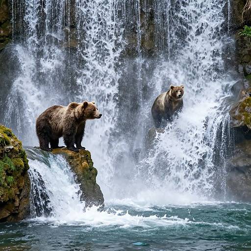 Photograph of two brown bears standing on rocks in a cascading waterfall, with white water splashing around them, set in a lush, green,