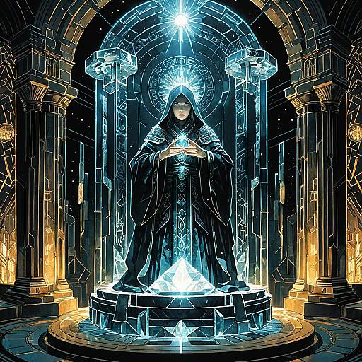 Ancient Oracle in Glowing Crystal Chamber