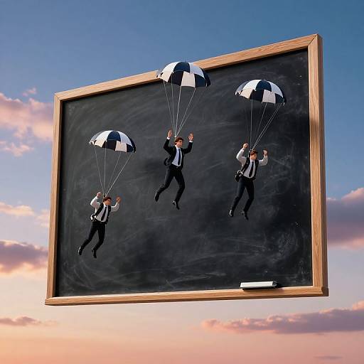 Photograph: Three businessmen in suits, parachuting onto a floating blackboard against a sunset sky, each with black-and-white parachutes.
