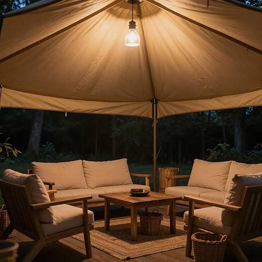 Cozy Tented Outdoor Living Space at Night