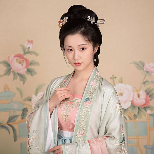 Photograph of an Asian woman in traditional silver silk kimono with floral embroidery, black hair styled in an updo, floral hairpin, standing against