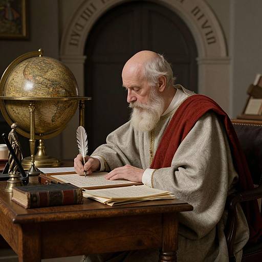 Photograph of elderly, white-bearded bishop with bald head, wearing gray robe and red sash, writing with feather quill, beside globe and