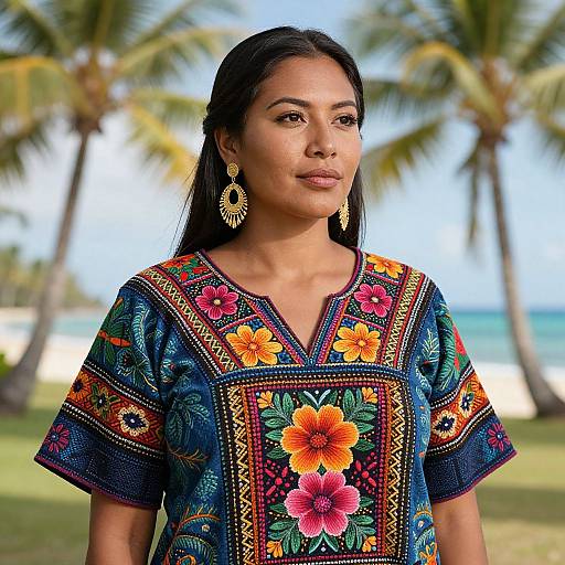 Photograph of a young Asian woman with long black hair, wearing a colorful, floral-patterned traditional dress and gold earrings, standing in front of a