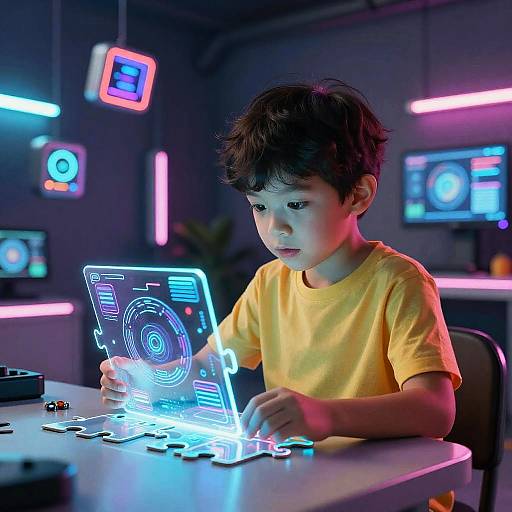 Child Engaged with Futuristic Holographic Puzzle