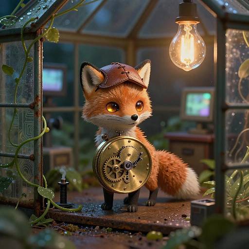 Clockwork Fox in Bioluminescent Greenhouse