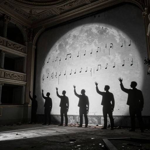 Photograph of six silhouetted men with raised arms, standing against a large moonlit projection of musical notes in an ornate, empty theater