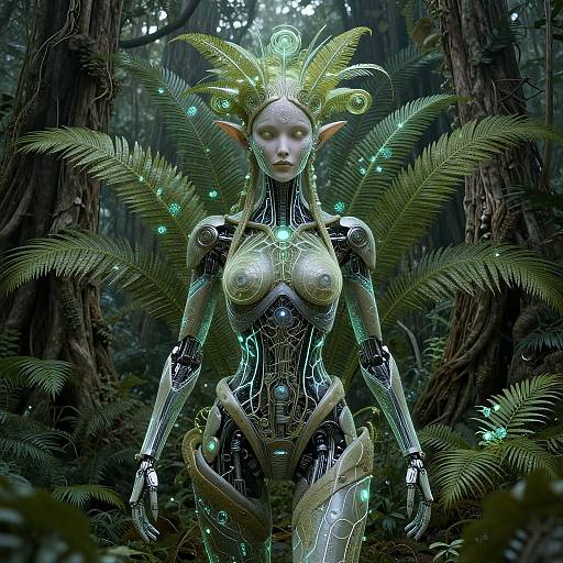 Digital art of a glowing, elf-like, futuristic woman with metallic body, neon accents, yellow feathered headdress, in a lush, dark forest