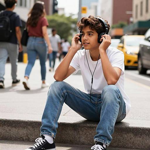 Hispanic Teen Listening to Music Outdoors