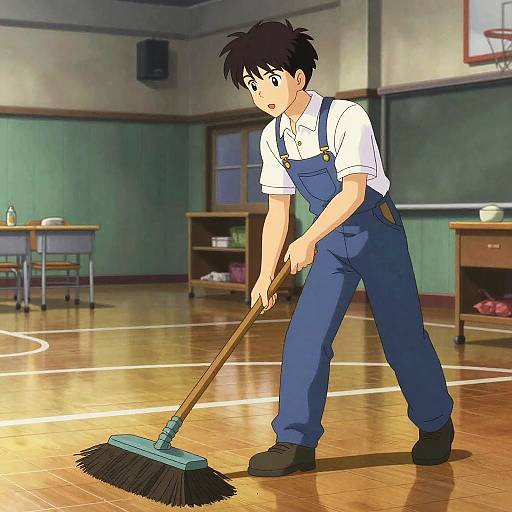 Anime-style digital illustration of a young boy in blue overalls and white shirt, cleaning a wooden gym floor with a broom. Background includes desks,