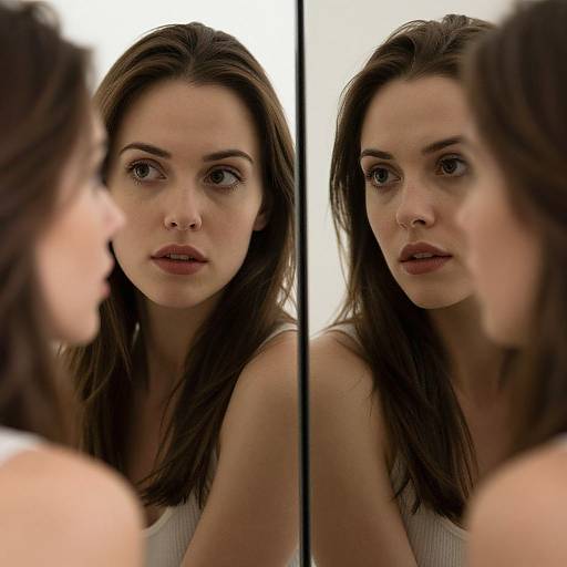Photograph of a young woman with fair skin and brown hair, staring intently at her reflection in a mirror. She wears a white tank top,