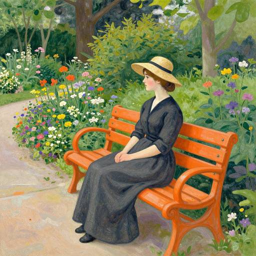 Painting of a woman in a black dress and straw hat sitting on a bright orange bench in a vibrant garden.