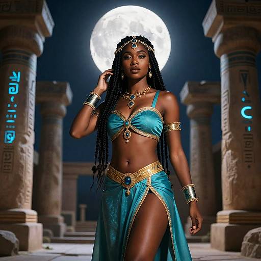 Regal Woman Under Moonlit Ruins