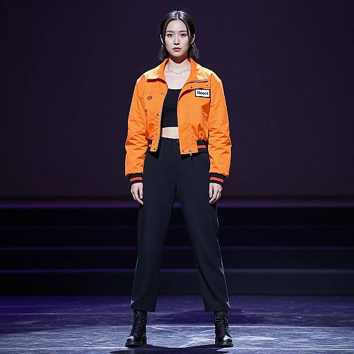 Photograph of an Asian woman on a runway wearing an orange prison jacket, black pants, and black boots, with a black crop top underneath, standing
