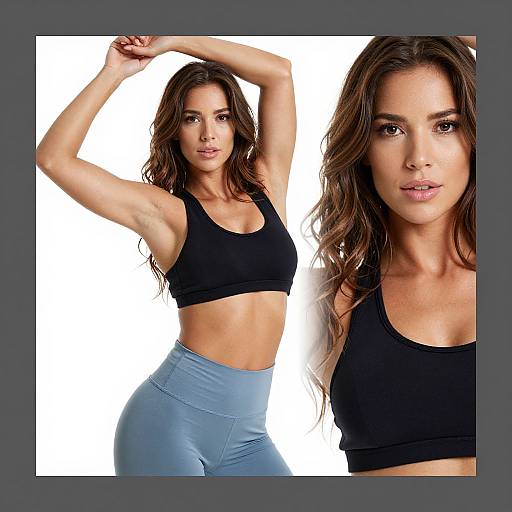 Photograph of a fit, brown-haired woman with light tan skin, wearing a black sports bra and blue high-waisted leggings, arms raised,