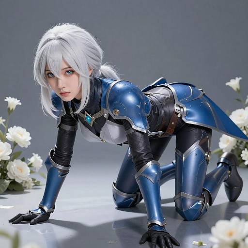 White-Haired Woman in Blue Armor