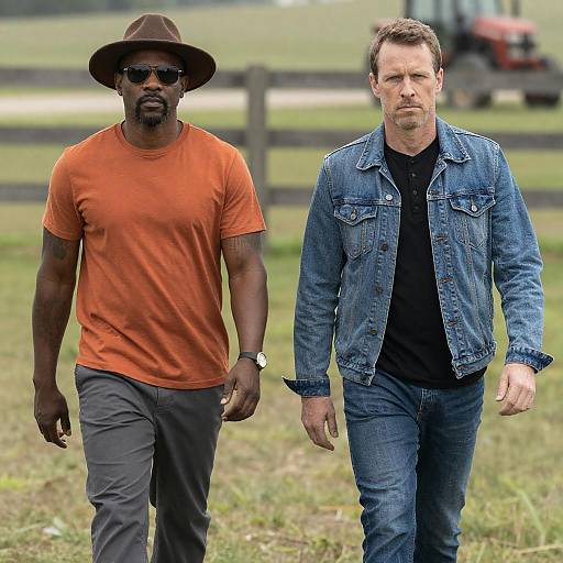 Two Men Walking in Outdoor Scene