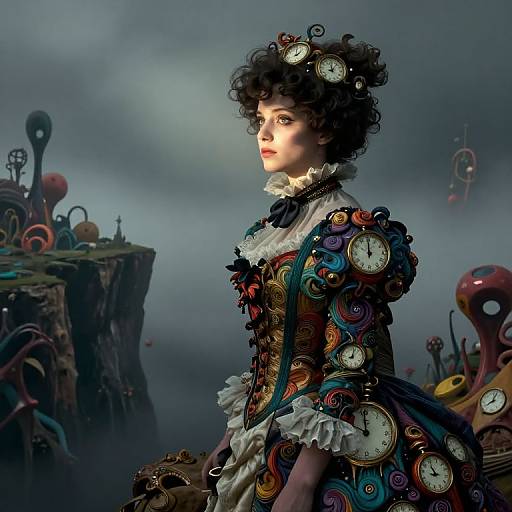 Steampunk portrait of a curly-haired woman in a clock-adorned dress, standing on a foggy, mechanical cliffside, surrounded by gears
