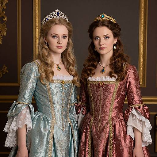 Photograph of two young women in ornate, Renaissance-style dresses; one in light blue, the other in maroon, both wearing silver tiaras