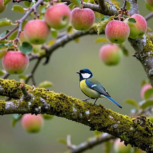 Photograph of a blue tit bird with black and white head, yellow chest, and blue wings perched on a mossy apple branch surrounded by red