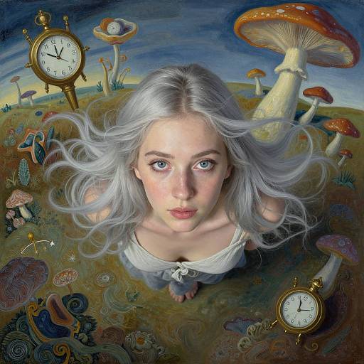 Digital surrealism: Pale-skinned woman with white hair, blue eyes, white top, surrounded by giant mushrooms, clock faces, and fantastical flora