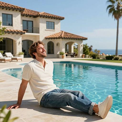 Happy Man Relaxing by Luxury Pool