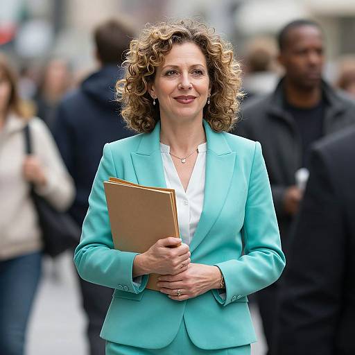 Photograph of a smiling middle-aged woman with curly brown hair, wearing a turquoise blazer, white blouse, holding a brown folder, standing in a