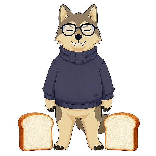 Digital drawing of a cute, chubby, anthropomorphic wolf with glasses, wearing a navy turtleneck sweater, standing between two slices of toast.