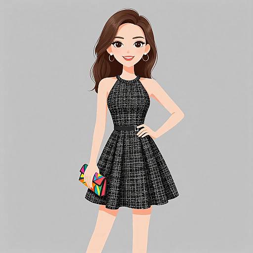 Digital illustration of a smiling woman with long brown hair, wearing a black, sleeveless, textured dress, holding a colorful clutch, against a light blue