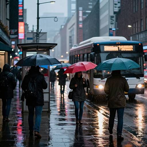 Photograph of rainy city street with three people holding umbrellas (black, red, green) walking towards a white bus, reflections on wet pavement,
