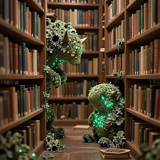 Digital art: Two glowing, green leafy bookshelves with yellow eyes and a horn, standing in a dim, narrow library aisle.