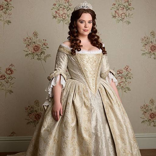 Photograph of a young woman with fair skin, dark curly hair, wearing a gold, off-shoulder, ornate gown, and a silver