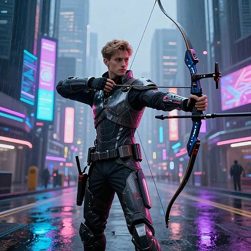 CGI image: Bladed, blonde archer in futuristic, black armor stands in a neon-lit, rainy city street, drawing a blue bow