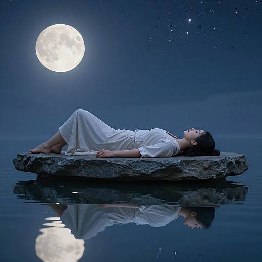 Photograph of a woman in white lying on a rock in calm water at night, under a bright full moon, with reflected stars in the water.
