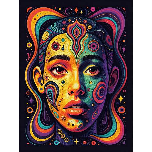 Vibrant digital portrait of a woman with colorful, abstract patterns on her face, blending yellow, blue, red, and purple against a black background