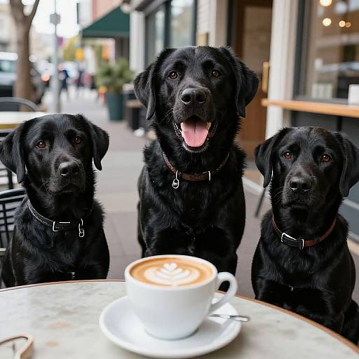 Happy Black Labradors Enjoying Coffee Outdoors
