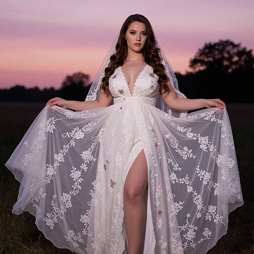 Photograph of a beautiful woman with long brown hair in a white lace wedding dress with a deep V-neck and high slit, holding her veil, against