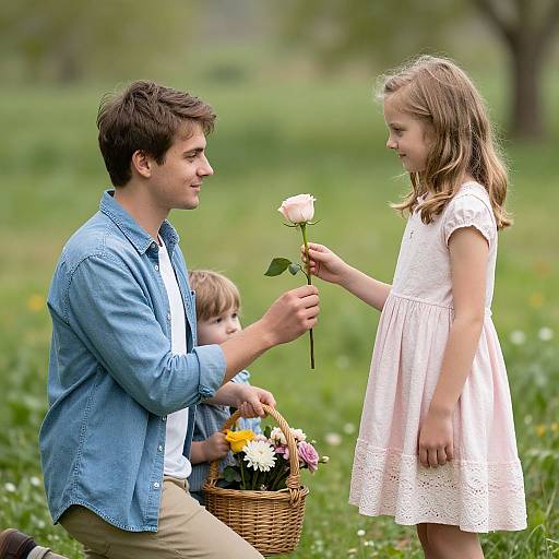 Photograph of a man in a blue shirt kneeling, offering a rose to a young girl in a white dress, with a basket of flowers and a